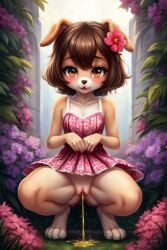 ai_generated canine cute dog_ears doggirl dress flower_in_hair fur furry furry_only peeing pussy pussy_juice short_hair urine wet_pussy