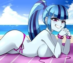 1girls 2024 2d artist_request beach beach_towel big_breasts bikini blue_hair bra_removed breasts equestria_girls fanart fanart_from_twitter female female_only hasbro large_breasts looking_at_viewer my_little_pony pink_bikini pink_eyes ponytail side_tie_panties sideboob smile smiley_face smiling smiling_at_viewer solo solo_female sonata_dusk spiked_bracelet topless twitter twitter_link two_tone_hair