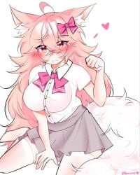 big blush breasts fox_ears fox_girl fox_tail glasses remiune school_uniform sweaty thick_thighs