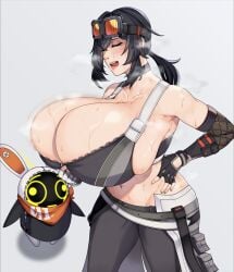 1girls 2024 absurd_res armpits bangboo_(zenless_zone_zero) black_hair breasts cleavage eous_(zenless_zone_zero) female fingerless_gloves gigantic_breasts gloves goggles goggles_on_head grace_howard huge_breasts midriff overflowing_breasts simple_background strongmoist sweat sweating top_heavy unzipped unzipped_shirt white_background zenless_zone_zero