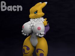 2018 3d animated anthro areola armwear bacn big_breasts biped black_sclera blue_eyes breast_grab breasts canine claws clothing digimon female fur furry furry_only hand_on_breast huge_breasts mammal mostly_nude nipples nude pussy renamon renamon_(bacn) short_playtime simple_background solo standing thick_thighs tuft white_fur