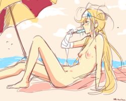 bandages beach binbougami_ga! blonde_hair casual female ice_cream long_hair messy_hair momiji_(binbougami_ga!) mr-poritan nipples nude oral oral_fixation oral_insinuation popsicle public public_nudity sexually_suggestive towel