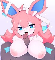 anthro big_breasts blue_eyes dark-skinned_male devvoxy furry licking licking_penis paizuri penis_lick penis_licking pink_fur pokemon pokemon_(species) sylveon titfuck titjob white_fur