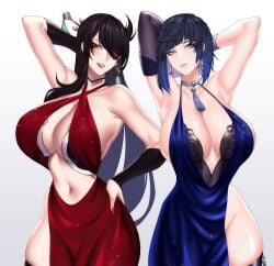 2girls armpit armpits arms_up beidou_(genshin_impact) big_breasts black_hair blue_hair cero_rains dress eyepatch genshin_impact tagme yelan_(genshin_impact)