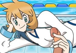 2018 artist_signature erection faceless_male green_eyes gym_leader handjob human human_only jacket kasumi_(pokemon) laying_on_side long_sleeves looking_at_penis loose_sleeves messy_hair misty_(pokemon) misty_(pokemon_hgss) nintendo one-piece_swimsuit orange_hair penis pokemon pokemon_hgss pool_float popped_collar ragnar_oktopod smirk source_request swimming_pool tile_floor touching_penis white_jacket white_swimsuit