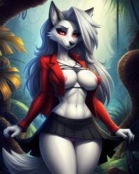 ai_generated breasts clothed helluva_boss loona_(helluva_boss) nipple_slip nipples pussy rataddict solo vivienne_medrano white_body wolf wolf_girl