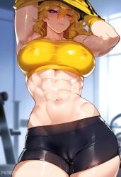 1girls abs ai_generated bare_arms bare_legs bare_shoulders bare_thighs big_breasts blonde_hair blush cameltoe clothed clothing color female female_focus female_only fit_female gym gym_clothes gym_uniform hi_res large_breasts light-skinned_female light_skin long_hair looking_at_viewer mistarman muscles muscular muscular_arms muscular_female muscular_legs muscular_thighs nipples_visible_through_clothing pokies purple_eyes pussy_juice pussy_visible_through_clothes rwby solo solo_female sweat tagme thick_thighs yang_xiao_long