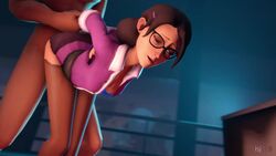 3d animated arms_behind_back blender bouncing_breasts breasts cleavage female fishnet_stockings fishnets from_behind glasses isj819 male miss_pauling no_bra no_sound open_shirt sex team_fortress_2 video