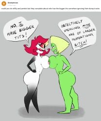 angry arguing avianaress big_ass big_breasts cartoon_network comparing comparing_breasts competition fighting gem_(species) girl_on_girl green_body green_skin hazbin_hotel large_ass large_breasts niffty_(hazbin_hotel) peridot_(steven_universe) red_hair short_hair shortstack steven_universe symmetrical_docking yellow_hair