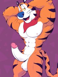 balls_out big_boner big_penis big_penis_out black_stripes cereal_mascot credit_to_heddy furry furry_only hands_behind_neck heddy horny_boy muscular muscular_furry orange_fur penis tail tiger tony tony_the_tiger