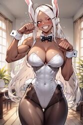ai_generated big_ass big_breasts big_butt bounce_lines bowtie bunny_ears bunny_girl bunnysuit cleavage earrings mansion miruko muscles my_hero_academia navel_visible_through_clothes pet_pose red_eyes rumi_usagiyama smiling smiling_at_viewer thalaria!! thin_waist white_bunnysuit white_hair
