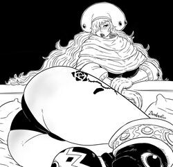 ass ass_focus bendacriss black_and_white blush charlotte_smoothie female female_only large_ass looking_back one_piece thick_thighs