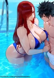 ai_generated bedroom_eyes big_ass big_breasts bikini erotic_nansensu erza_scarlet fairy_tail gray_fullbuster handjob partially_submerged pool red_hair underwear voluptuous wet