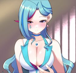 1girls blue_angel blue_eyes blue_maiden blush breasts clothing cyan_hair female heart hi_res jutaro_oooo looking_at_breasts looking_at_self looking_down solo yu-gi-oh! yu-gi-oh!_vrains zaizen_aoi