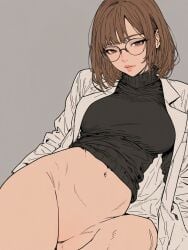 1girls ai_generated black_turtleneck bottomless brown_hair flat_colors glasses kosine1777 kosineverse labcoat large_breasts lily_(kosine1777) nerd nerdy_female original original_character pussy round_glasses scientist short_brown_hair short_hair turtleneck turtleneck_sweater