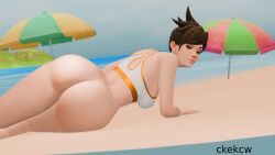 3d ass ass_focus beach big_ass big_breasts bottomless ckekcw clothed clothed_female looking_at_viewer overwatch overwatch_2 partially_clothed posing swimsuit tracer