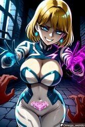 1girl1boy ai_generated big_breasts blonde_female blonde_hair blue_eyes bodysuit corrupted corruption dark_magic dungeon earrings evil evil_eyes evil_face evil_grin evil_smile female gesugao huge_breasts invisible_woman invisible_woman_(marvel_rivals) marvel omega_weirdo patreon pov pov_hands pubic_tattoo short_hair sue_richards sue_storm