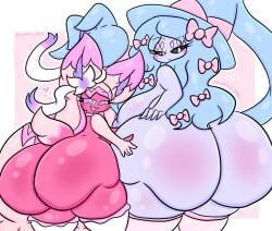 5_fingers angelina_(lewdchuu) anthro big_breasts blue_hair bow_(feature) bow_ribbon breasts cotton_candy_(lewdchuu) duo eeveelution female fingers generation_6_pokemon generation_8_pokemon generation_9_pokemon hair hatterene hi_res huge_breasts hybrid lewdchuu_(artist) nintendo pink_body pokemon pokemon_(species) purple_body scut_tail short_tail sylveon tail thick_thighs tinkaton