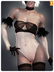 alternate_costume artist_name bare_shoulders blindfold choker collarbone covered_navel elbow_gloves feather-trimmed_sleeves female hand_on_hip lips mole mole_under_mouth nier nier:_automata parted_lips pussy see-through smile solo teeth thighhighs uncensored white_hair yorha_2b