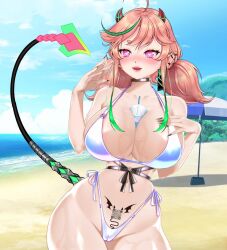 1girls big_breasts big_thighs devilayacchi indie_virtual_youtuber pink_eyes pink_hair solo succubus_horns succubus_tail succubus_tattoo summer swimsuit virtual_youtuber vtuber