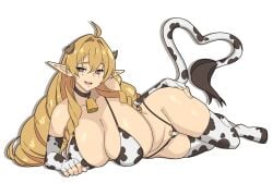 alternate_costume bikini blonde_female blonde_hair breasts collar cow_girl curvaceous curvy elf elf_ears elf_female elinalise_dragonroad fanart female horn horns huge_breasts illustration large_breasts long_hair looking_at_viewer mature_female mushoku_tensei potatoartox red_eyes simple_background smile solo solo_female tail thick_thighs