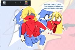 2boys anal argentina_(countryhumans) blonde_hair blue_skin chamiku colombia_(countryhumans) conmebol copa_america copa_america_2024 countryhumans cumming cumming_from_anal_sex cumming_together femboy gay long_hair male_only nude nude_male red_skin sweat yaoi