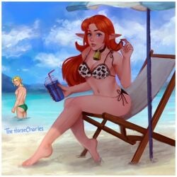 1boy 1girls beach beach_chair beach_umbrella bell bell_collar blonde_hair blue_eyes choker collar cow_print cow_print_bikini cow_print_bra cow_print_panties cowbell hero_of_time hylian hylian_ears link link_(ocarina_of_time) long_ears long_hair malon medium_breasts nintendo ocarina_of_time pinup pointy_ears ponytail pulling_bikini_string pulling_bra red_hair speedo string_bikini swimming_trunks swimsuit swimwear the_legend_of_zelda thighs