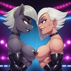 2girls ai_generated anthro choker horny human interspecies latex latex_gloves limestone_pie_(mlp) muscular my_little_pony pressing_breasts_together smiling