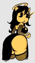 1girl 1girls alice_angel bangs bendy_and_the_ink_machine big_ass black_dress black_hair black_panties chamiku dress horn horns long_hair looking_at_viewer looking_back pac-man_eyes panties surprised thighhighs yellow_body