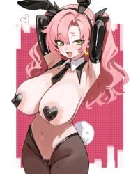 1girls absurdres alternate_hairstyle animal_ears areola_slip armpits arms_behind_head arms_up black_necktie black_ribbon black_sleeves blush breasts censored covered_erect_nipples earrings female glint green_eyes groin hair_between_eyes hair_ribbon heart heart_earrings heart_maebari heart_pasties highres huge_breasts jewelry lactating_through_pasties lactation long_hair looking_at_viewer maebari meme_attire mole mole_on_breast mole_on_thigh mole_under_eye mosaic_censoring multicolored_background navel necktie nicole_demara open_mouth parted_bangs pasties pink_background pink_hair playboy_bunny polka_dot polka_dot_background rabbit_ears rabbit_tail rehu rehu_(astd5787) reverse_bunnysuit ribbon smile solo stomach tail thighs twintails veins veiny_breasts white_background white_tail zenless_zone_zero