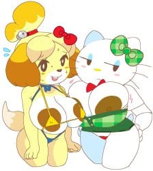 2girls animal_crossing anthro big_areola big_breasts big_nipples bra breast_press breasts breasts_out brown_nipples busty canine cassettedream clothing crossover dark_nipples domestic_cat domestic_dog dream-cassette edit erect_nipples erect_nipples_under_clothes feline female female_only hand_on_hip hello_kitty hello_kitty_(character) hello_kitty_(series) hoshime huge_areolae huge_breasts huge_nipples isabelle_(animal_crossing) kitty_white large_breasts looking_at_viewer mob_face multiple_girls nervous_smile nervous_sweat nintendo nipple_bulge nipple_slip nipples panties sanrio sweat swimsuit thick_thighs wide_hips