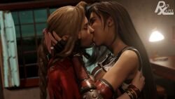 2girls 3d aerith_gainsborough big_breasts blender breasts_squeezed_together exposed_breasts final_fantasy_vii final_fantasy_vii_rebirth final_fantasy_vii_remake kissing lesbian_kiss lifted_shirt passionate pressing_breasts_together rexlapix tifa_lockhart tongue_kiss yuri