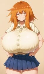 1girls ai_generated big_breasts clothed clothing gamo-chan hands_on_hips hornymoron huge_breasts looking_at_viewer please_don't_bully_me,_nagatoro school_uniform solo solo_female standing