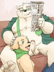 2boys bear canine cigarette cu_sith_(tokyo_afterschool_summoners) cum cum_in_mouth cum_inside cum_on_face gay leib_(tokyo_afterschool_summoners) male male/male male_only mammal moobs newspaper nipples oral polar_bear scarf sex slightly_chubby smoking tokyo_afterschool_summoners yaoi