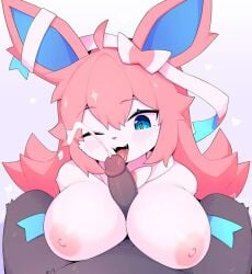 anthro big_breasts blue_eyes cum cum_on_breasts cumming devvoxy furry licking licking_penis paizuri penis_lick penis_licking pink_fur pokemon pokemon_(species) sylveon titfuck titjob white_fur