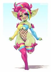 1girls :p armwear bandaid bandaid_on_nose bent_leg blep blue_eyes blush cameltoe candy_(huffslove) female female_only fishnet_leotard full_body goblin goblin_female gobtober gobtober_2024 green_skin heart-shaped_pupils leotard looking_at_viewer phloxberry pink_hair pink_thighhighs pointy_ears smiling smiling_at_viewer solo standing_on_one_leg thick_thighs thighhighs wink winking_at_viewer