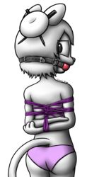 2017 ambiguous_gender anthro arms_behind_back ass ball_gag bondage bound clothing creamgag digital_media_(artwork) feline femsub gag grace_(creamgag) hair hi_res mammal panties rope signature simple_background solo topless underwear white_background