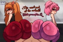 1boy 2girls animated ass assjob asuka_langley_sohryu big_ass big_butt black_shirt blue_eyes bouncing_ass bubble_butt buttjob cock covered_buttjob dialogue doki_doki_literature_club english english_text fat_ass fat_butt female gif ginger greatestgori huge_ass huge_cock jiggling_ass loop male multiple_girls naked naked_boy naked_male natsuki_(doki_doki_literature_club) neon_genesis_evangelion nude nude_male orange_hair orange_text pants pantylines penis penis_between_ass penis_in_ass pigtails pink_eyes pink_hair pink_pants pink_text red_pants shortstack slim_waist small_breasts text thick_thighs twerk twerking twerking_on_dick twintails veiny_penis white_shirt wide_hips yoga_pants