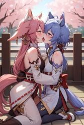 ai_generated blue_eyes blue_hair ganyu_(genshin_impact) genshin_impact horse_ears horse_girl horse_tail kemonomimi kemonomimi_mode kissing pink_eyes pink_hair transformation yae_miko yuri