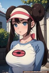 ai_generated aindroidparanoid big_breasts blue_eyes breasts brown_hair bun hat hourglass_figure huge_breasts large_breasts narrow_waist nipples outdoors pokemon rosa_(pokemon) sleeves stable_diffusion t-shirt