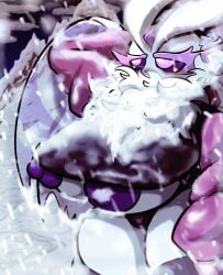 anthro big_breasts breasts breasts_bigger_than_head clothes frosmoth huge_breasts huge_nipples insect melissa_(puffylover69) mountain pink_eyes pokemon pokemon_(species) puffylover69 snow snowing thigh_socks thighs underboob underwear white_fluff white_fur wings