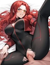 ai_assisted bodysuit gebura_(lobotomy_corporation) gray_eyes heterochromia legs_up lobotomy_corporation long_hair project_moon red_hair red_jacket scar_on_face spooning spread_legs vaginal_penetration yellow_eyes