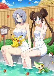 2girls absurd_res absurdres bare_armpits bare_arms bare_calves bare_chest bare_hands bare_knees bare_legs bare_shoulders bare_skin bare_thighs bath blue_eyes blue_eyes_female blue_sky blush blush_lines blushing_at_viewer blushing_female breasts brown_eyebrows brown_hair brown_hair_female cleavage clouds collarbone covered_areola covered_areolae covered_breasts covered_crotch covered_navel covered_nipples covered_pussy covered_vagina creatures_(company) crossover day daylight daytime dot_nose dripping_wet eggman_(pixiv28975023) elbows eyebrows_visible_through_hair female female_focus female_only fence fingers full_body generation_1_pokemon generation_5_pokemon grey_eyebrows grey_hair grey_hair_female hair_between_eyes hair_bun half_naked head_tilt high_resolution highres knees large_breasts legs light-skinned_female light_skin long_hair looking_at_viewer marvelous medium_breasts medium_hair multiple_females multiple_girls naked naked_female nintendo nude nude_female open_mouth open_mouth_smile outdoor outdoor_bath outdoor_bathing outdoors outside parted_bangs parted_lips partially_submerged partially_submerged_legs pikachu pokeball pokemon pokemon_bw2 rosa_(pokemon) senran_kagura short_hair shoulders silver_hair silver_hair_female sitting sky slender_body slender_waist slim_girl slim_waist smile smiling smiling_at_viewer snivy soaked submerged_feet submerged_legs thick_thighs thighs thin_waist tilted_head tongue towel towel_around_waist towel_only tree trees twin_buns twintails twintails_(hairstyle) upper_teeth water wet wet_body wet_legs wet_skin wet_thighs white_towel wide_hips wooden_fence yumi_(senran_kagura)