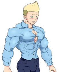 1boy abs ass bara beefy biceps big_biceps blonde_hair blush blushing bulge butt clothes gay green_eyes male male_only manly mlm4anemone muscle muscles muscular muscular_male open_mouth original_character pecs solo surprised tight_clothes tight_clothing tight_shirt yaoi young