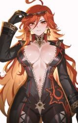 1girls big_breasts biker_clothes breasts female genshin_impact huge_breasts large_breasts leather leather_clothing leather_jacket mavuika_(genshin_impact) nvl red_eyes red_hair solo solo_female sunglasses sunglasses_on_head sweat tagme zipper_down