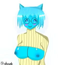 blush breasts_out cat_ears catgirl cryo_(cube_combination) cyan_body cyan_hair elemental embarrassed embarrassed_nude_exposure large_breasts lifting_shirt nihuruarts roblox shirt_lift shirt_up tits_out