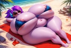 ai_generated anthro aquatic_dragon beach big_ass big_breasts bikini civitai dadddwww dragon female female_protagonist freedom_planet freedom_planet_2 looking_at_viewer low_effort off_model poor_quality sash_lilac video_games water_dragon