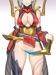 blood_moon_elise blood_moon_series breasts cleavage clothing covering_crotch dress dress_lift elise_kythera_zaavan female kumiko_(aleron) league_of_legends medium_breasts no_panties smile