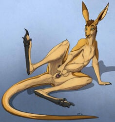 2018 anatomically_correct animal_genitalia anthro balls claws cloaca fur kangaroo lizet lying male mammal marsupial nude on_back paws presenting solo spread_legs spreading teasing vent