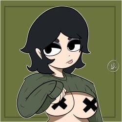 1girls black_eyes black_hair breasts eyeshadow female hollie_hawkes partially_clothed pasties scott_pilgrim short_hair sleepyloungeart solo solo_female sweater sweater_lift tongue_out